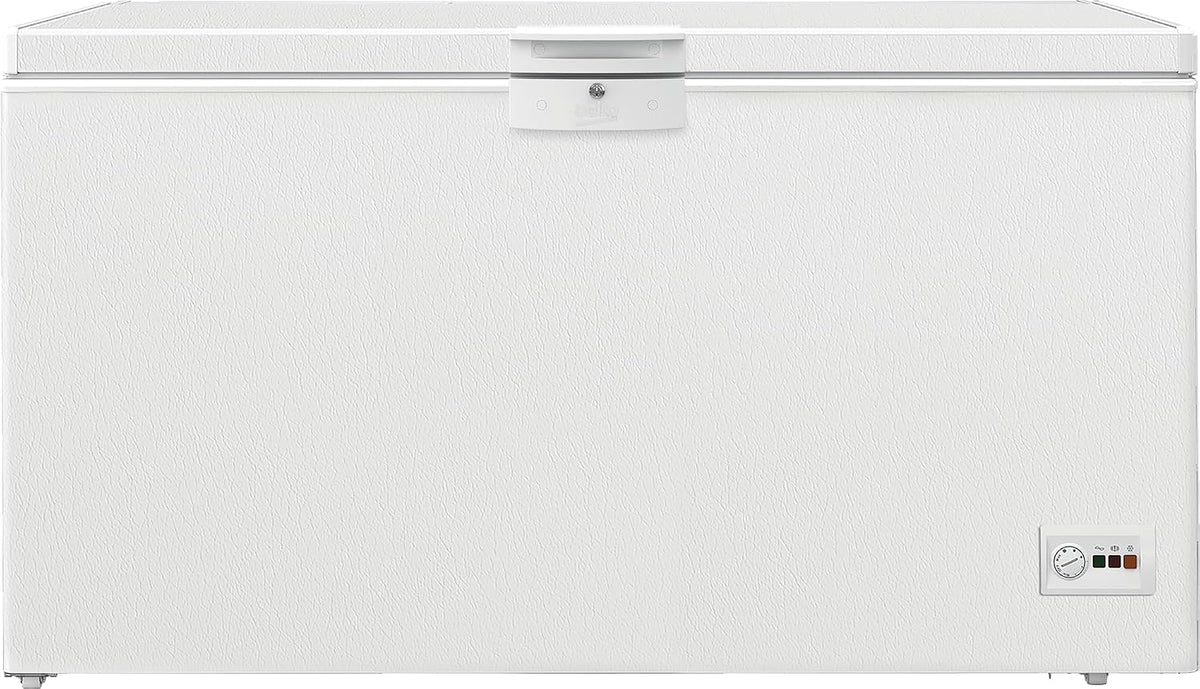 Beko HSM46740 Gefriertruhe groß, 451 l Nutzvolumen, 36 db(A), 3 Gefrierkörbe, Temperaturalarm, abschließbar, Innenbeleuchtung, Weiß