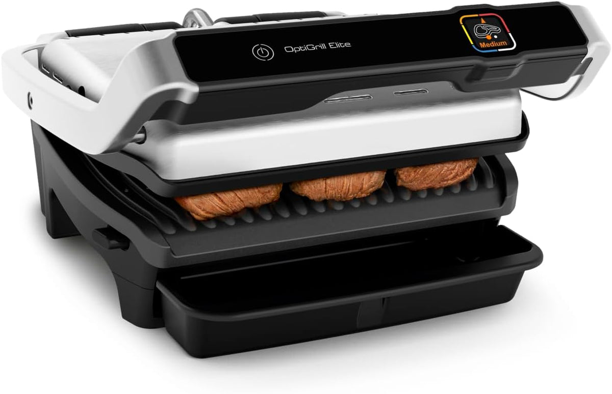 Tefal OptiGrill Elite Kontaktgrill, GC750D16, Digitales Display mit Garstufenanzeige, 12 automatische elektrische Grillprogramme, abnehmbare Platten