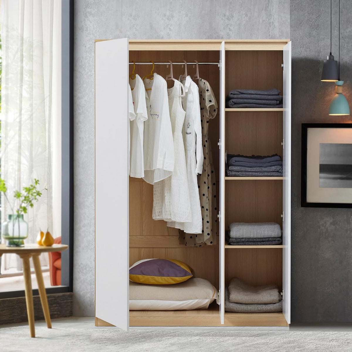 [en.casa] Kleiderschrank Bastheim Schrank mit 3 Türen Garderobenschrank 176 x 120 x 52 cm Schlafzimmerschrank mit 1 Kleiderstange und 4 Fächern
