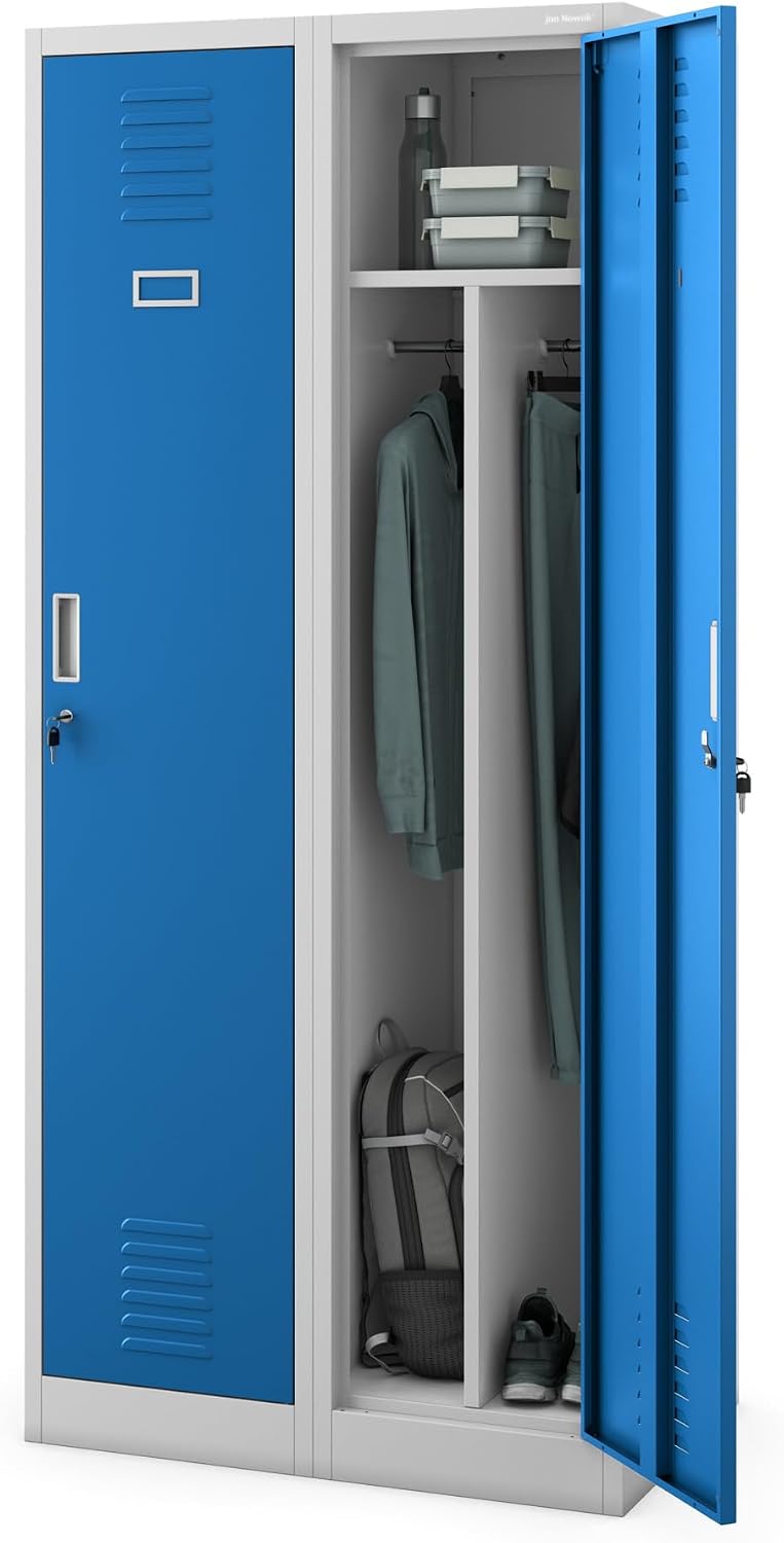 Jan Nowak Spind Schrank, 180 cm x 80 cm x 50 cm, 2 Abteile mit Kleiderstange, Metallschrank, Kleiderschrank, Schließfachschrank, Trennwände, Grau-Blau