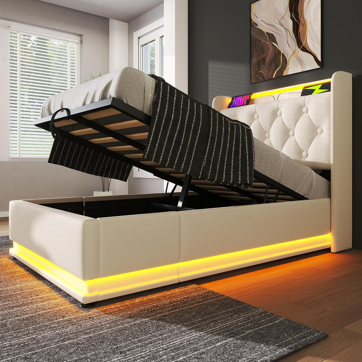 Polsterbett Einzelbett mit LED, Ohne Matratze, 90x200 cm, Kopfteil mit USB Typ-C, Drucktaste/App/Fernbedienung