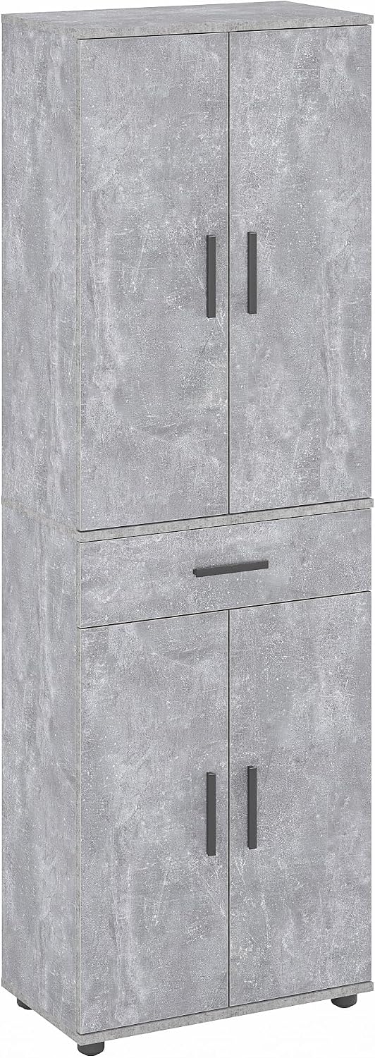 KOMTO Mehrzweckschrank 60 cm Breit, Schrank Beton, Kleiderschrank mit 1 Schublade, Bücherschrank mit 4 Türen, Hochschrank, Büroschrank