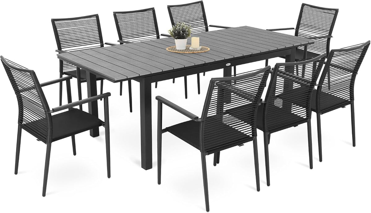 di volio Gartenmöbel MASSA, ausziehbarer Gartentisch mit stapelbaren Stühlen, Essgruppe für 6-8 Personen, Set, robust & wetterfest & langlebig (8+1)