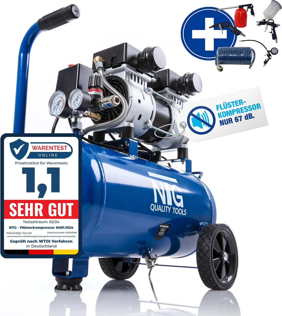 NTG Silent Kompressor 9 Bar 1470 W ölfrei 24 L Tank, Starterset Manometer