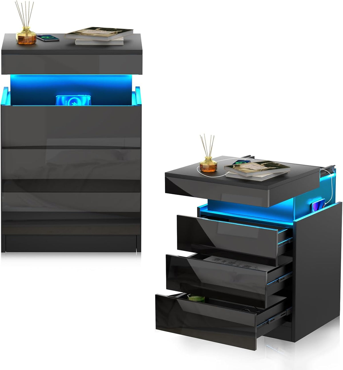 Nachttisch 2er Set mit Steckdose, 45x40x67cm), Nachttische mit Ladefunktion und LED-Licht, Schlafzimmer (Schwarz