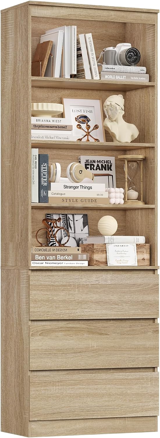 FirFurd 202 cm Bücherregal Bücherschrank mit 3 Schubladen 4 Fächern Eiche