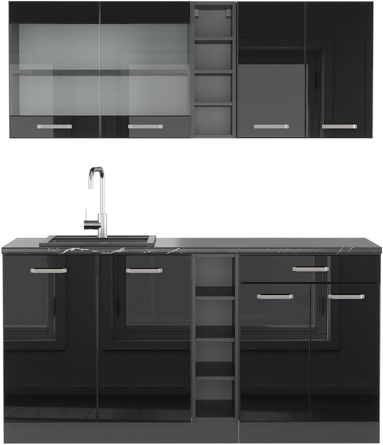 Vicco Singleküche R-Line, 160 cm, Schwarz Hochglanz/Anthrazit