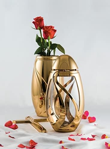 Exclusiv Grabschmuck Set goldfarben Grablampe+Grabvase Grablaterne Friedhofsvase Grablicht