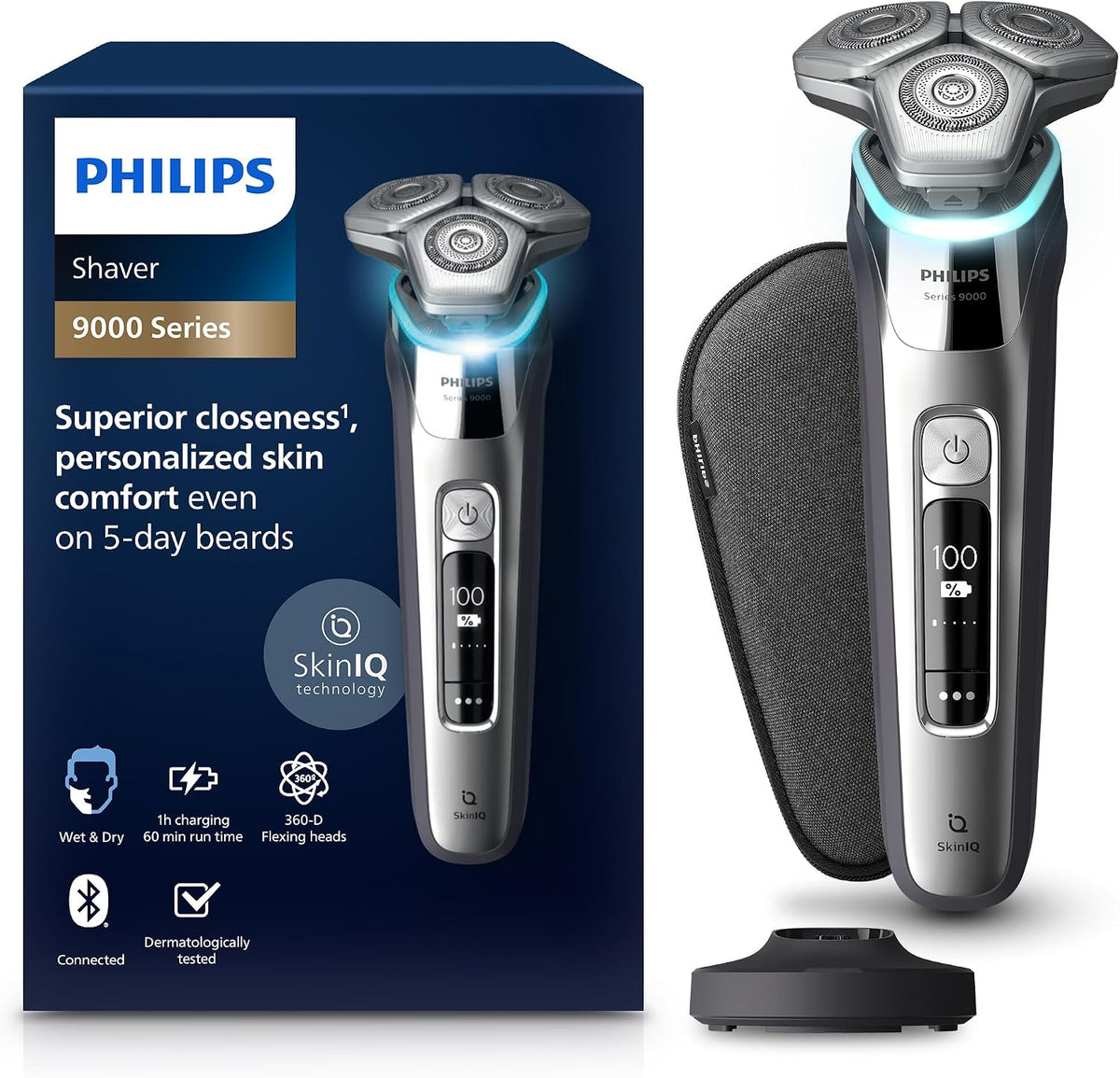 Philips Shaver S9000, Ladestation & Reiseetui(Modell S9975/35), SkinIQ Technologie, ausklappbarem Barttrimmer