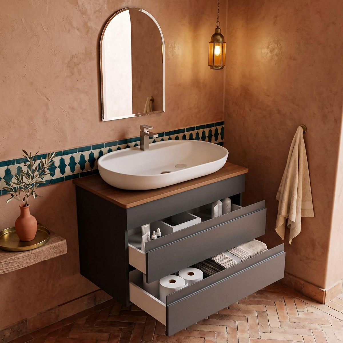 Waschtisch mit Unterschrank Lara, minimalistisches Design (80 cm, mit Konsole Walnuss, Keramik-Waschbecken, Softclose-Schublade, Aufsatzwaschbecken)