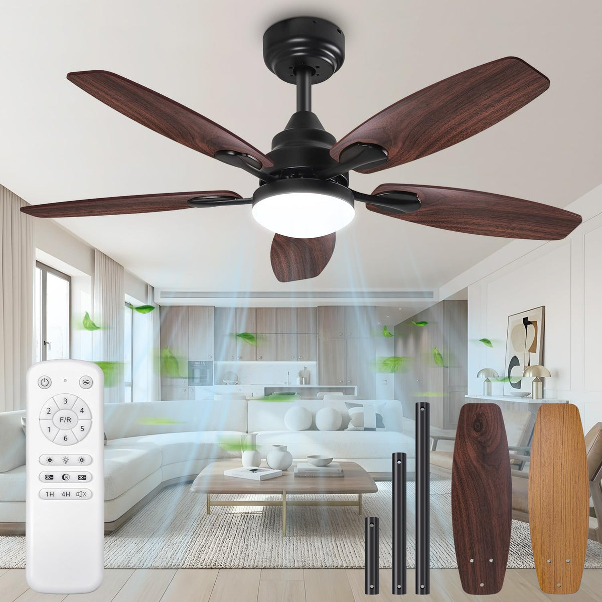 Deckenventilator mit Beleuchtung, Leiser 106cm DC-Ventilator mit Fernbedienung, Dimmbare Lampe 3000K-6500K, für Schlafzimmer, 5 Flügel, Timer, Küche