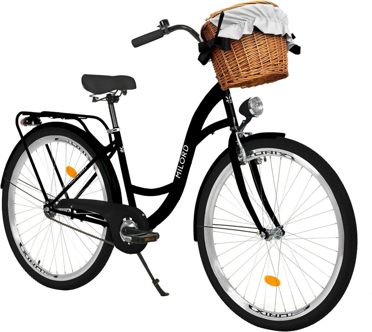 MILORD. 28 Zoll 1-Gang schwarz Komfort Fahrrad mit Korb und Rückenträger, Hollandrad, Damenfahrrad, Citybike, Cityrad, Retro, Vintage
