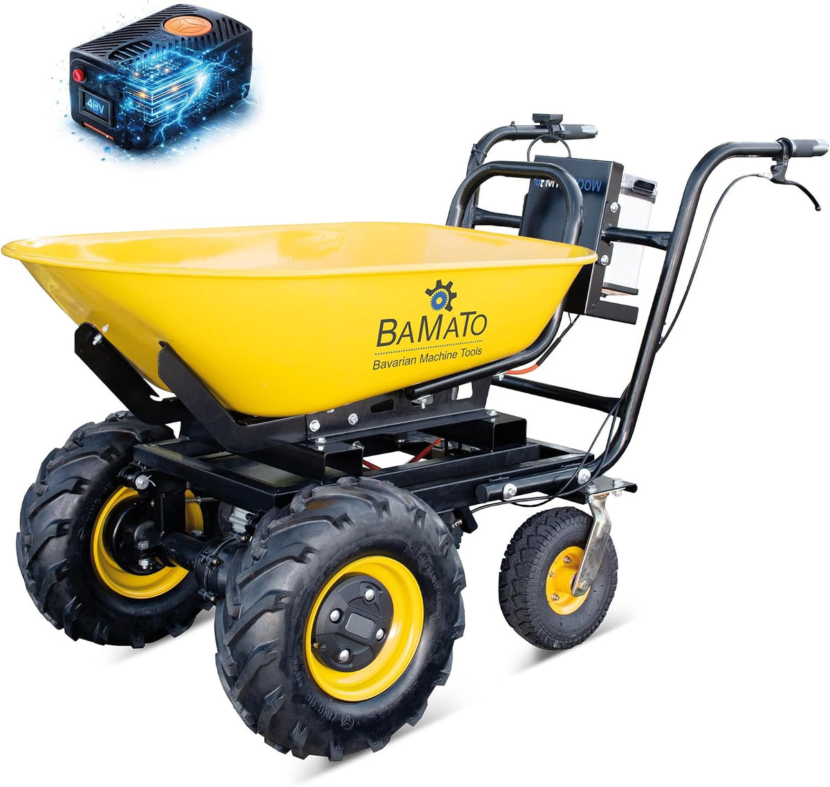 BAMATO Elektrische Schubkarre MTR-300W, 400W Motorleistung, 300 kg Traglast, Muldenvolumen 100 Liter, Elektroantrieb, Max. 6,0 km/h vorwärts