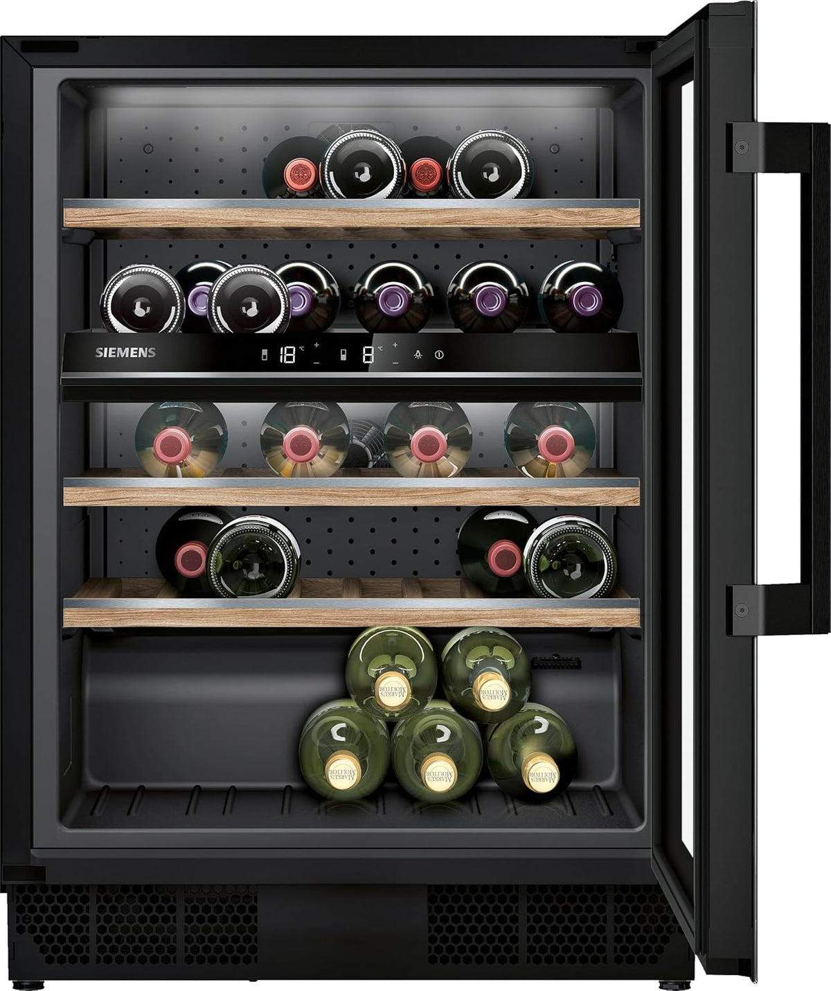 Siemens KU21WAHG0 iQ500 Weinkühlschrank, 82 x 60 cm, Temperatur: 5-20 °C, 120 L, 44 Flaschen, Zwei separat gesteuerte Temperaturzonen