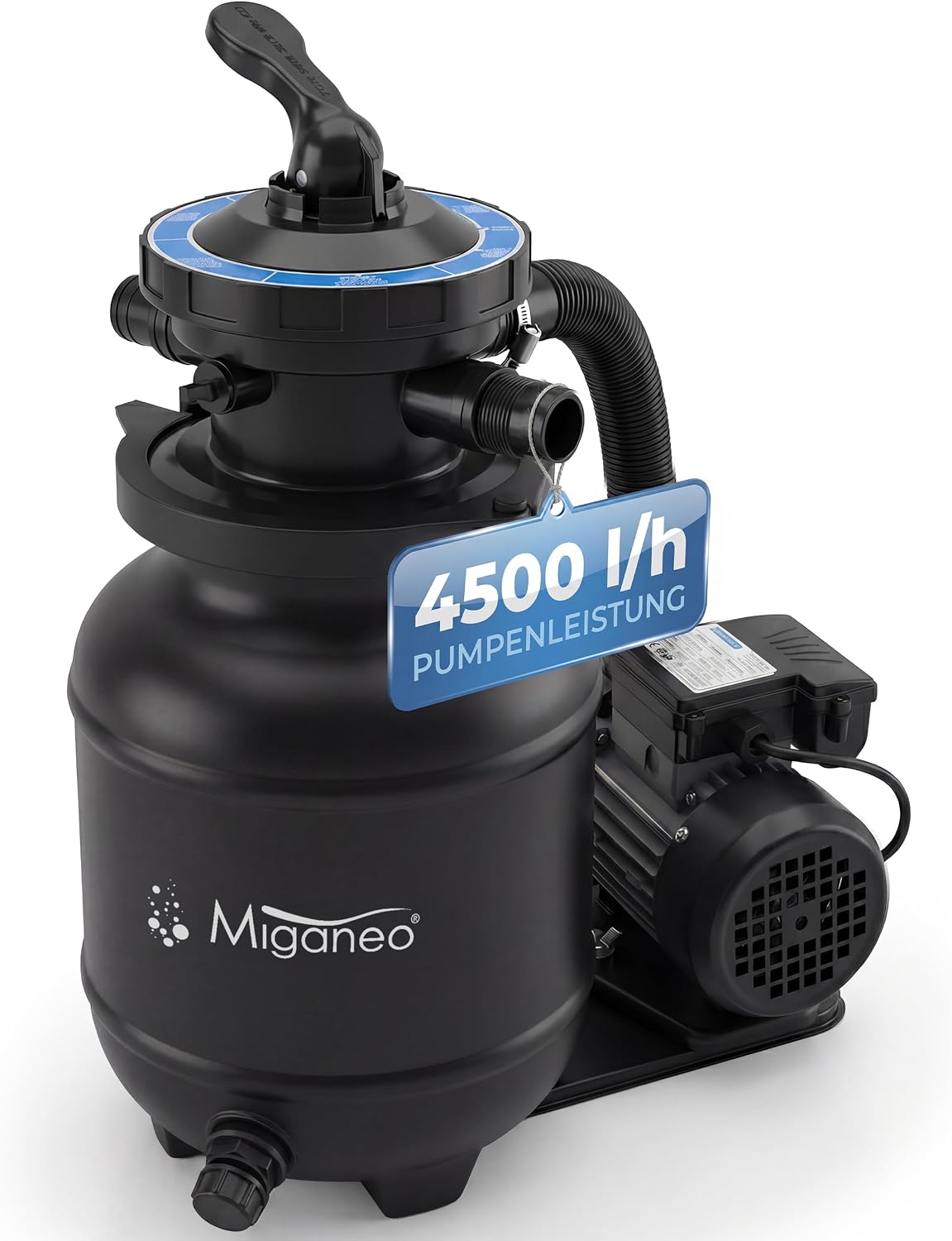 Miganeo Sandfilteranlage Speed Clean Dynamic 6500 Schwarz, Filteranlage für Pools bis 19.000 Liter, stromsparende 200 Watt