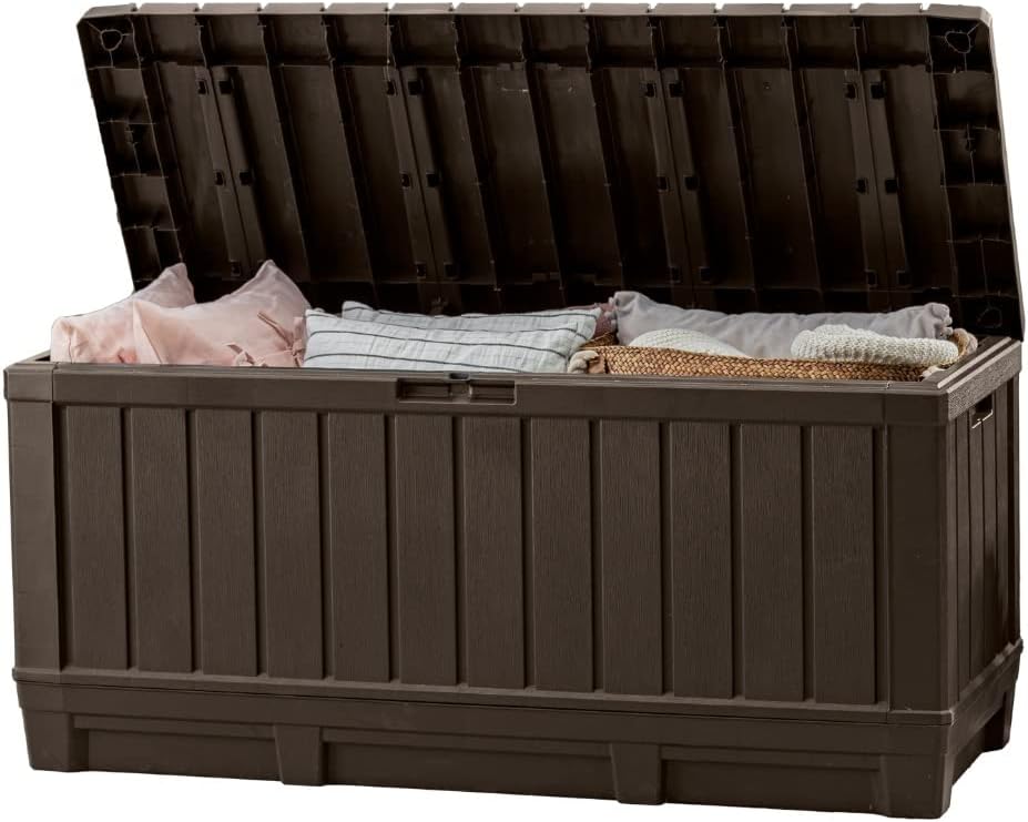 Keter Kentwood 92 Gallon Resin Deck Box-Organization and Storage for Patio Furniture Outdoor Cushions, Garden Tools and Pool Floats, Throw Pillows