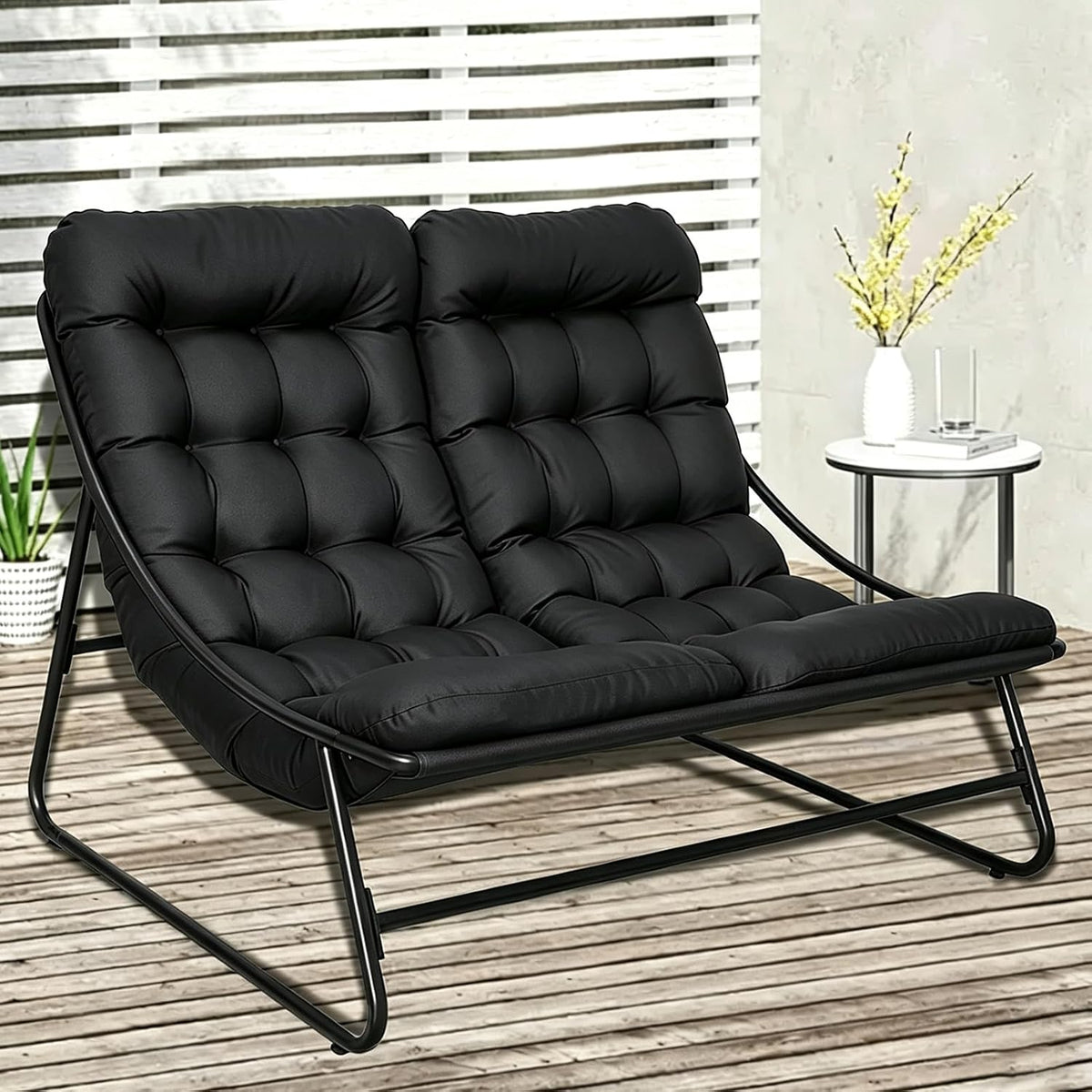 Doppelliege Outdoor 2 Personen, Gartensessel für Balkon Terrasse (Black), Gartenliege Extra Hoch, Loungesessel Outdoor, Liegestuhl Garten