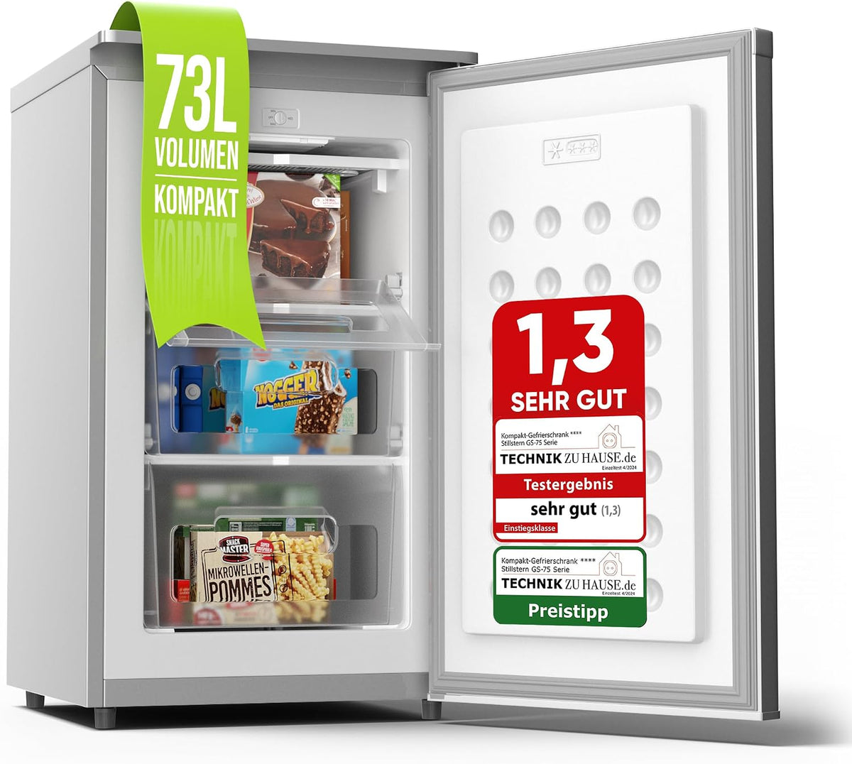 Stillstern Gefrierschrank Klein (73L) 4-Sterne-Gefrierfach -18°C ger. Energiever. Mini Freezer mit 3 Fächer, stufenlos reg. Temp., R600A