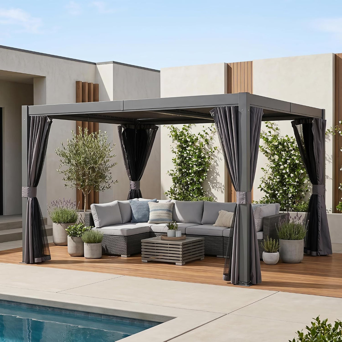 Domi Pergola 3m x 3,6m, Alu Terrassenüberdachung Hardtop Pavillon mit Moskitonetze und Vorhänge, Grau