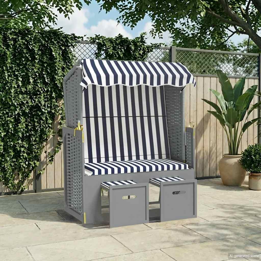 Strandkorb mit Dach Poly Rattan und Massivholz, 115x55x156 cm, 3-Fach verstellbare Rückenlehne, blau weiß, ausziehbare gepolsterte Hocker