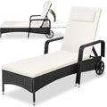 tectake Poly Rattan Gartenliege mit Rollen, bis 120kg belastbar, 6-Fach höhenverstellbarer Liegestuhl, Sonnenliege Rattan (wetterfest), schwarz/beige