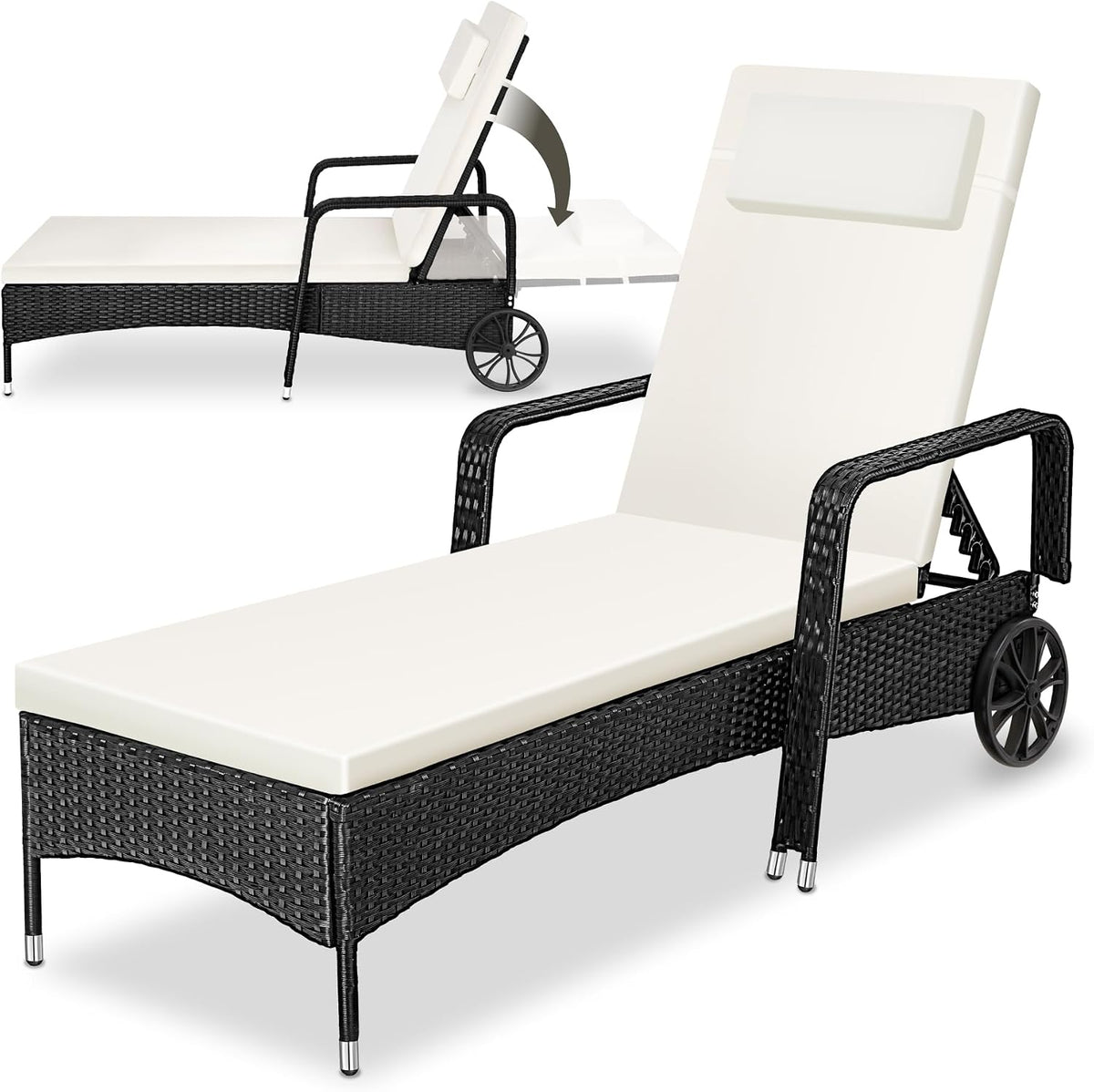 tectake Poly Rattan Gartenliege mit Rollen, bis 120kg belastbar, 6-Fach höhenverstellbarer Liegestuhl, Sonnenliege Rattan (wetterfest), schwarz/beige