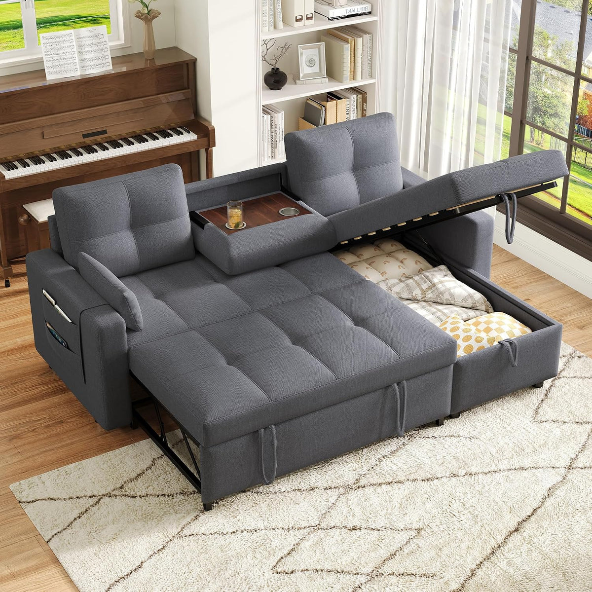 Modernes L-Sofa, modulares ausziehbares Schlafsofa mit Schlaffunktion, ausgestattet mit Stauraum, geeignet für Wohnzimmer, Heimkino (Grau)