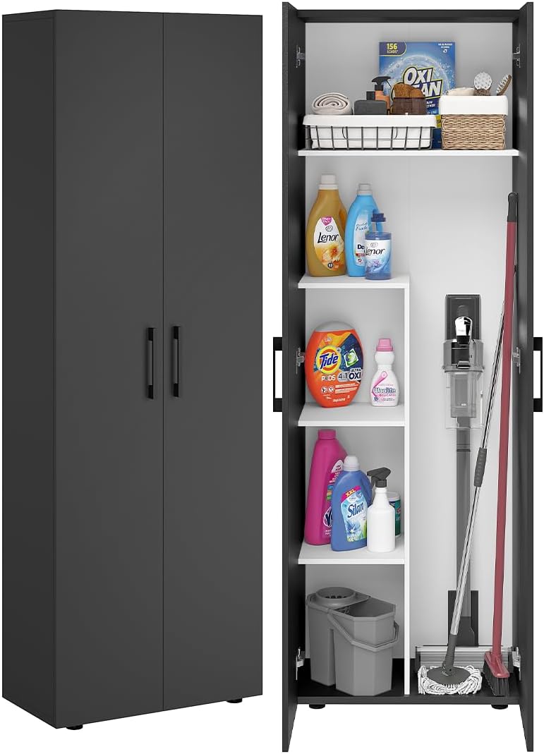 Bellamio Apol Besenschrank 60 cm breit, Schwarz, Staubsaugerfach, Stauraum