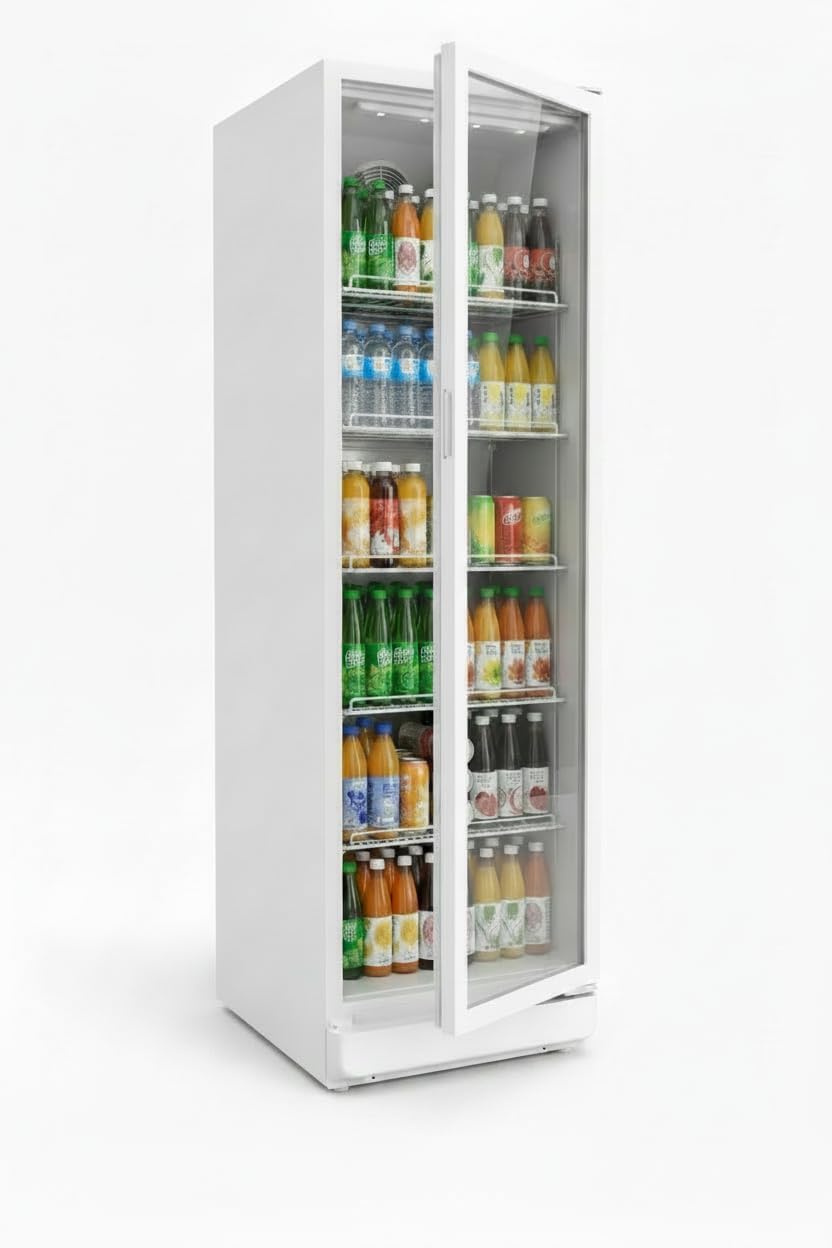 SCHOEPF GKS350 gewerblicher Getränkekühlschrank, Glastür-Kühlschrank, 347 l, 194,5cm Höhe (Weiß), Umluft, 5 verstellbare Drahtablagen