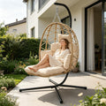 Hängesessel mit Gestell, Egg Chair für Garten Balkon Terrasse bis 150kg-Beige, Hängekorb Sessel Outdoor Indoor, Hängestuhl mit Fußstütze, Dicke Kissen