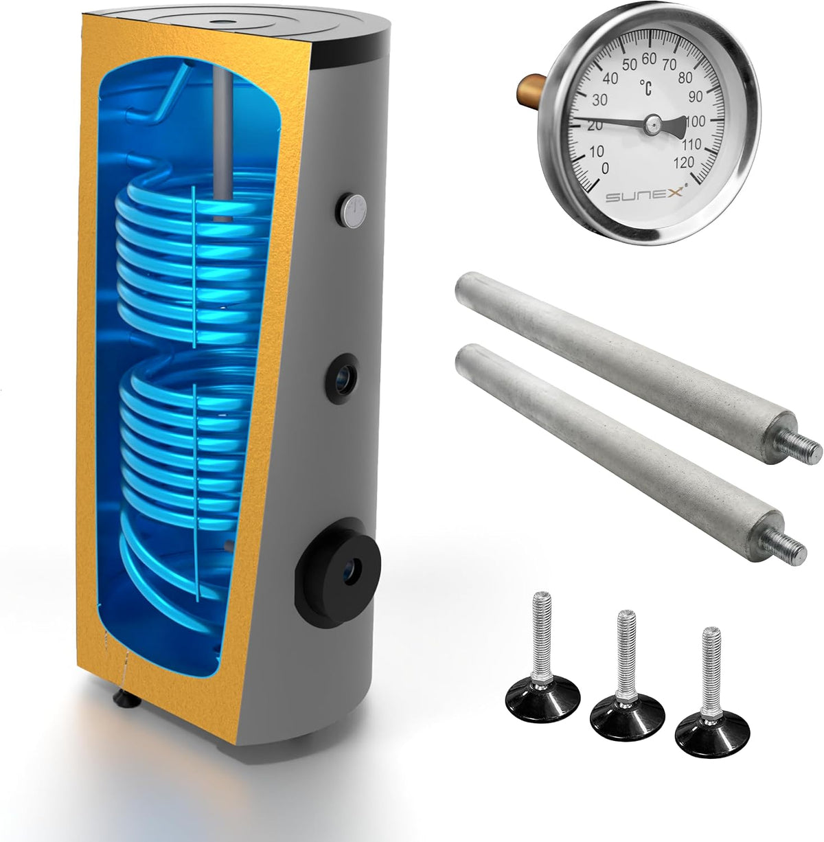 SUNEX Warmwasserspeicher 150L, Brauchwasserspeicher S2 mit 2 Wärmetauschern, für Solaranlage, Wärmepumpe und Kessel