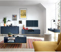 Lomadox Wohnzimmermöbel Wohnwand blau Fußgestell goldfarben 4-teilig, 1 Sideboard, 1 Lowboard, 1 Sekretär, 1 Couchtisch