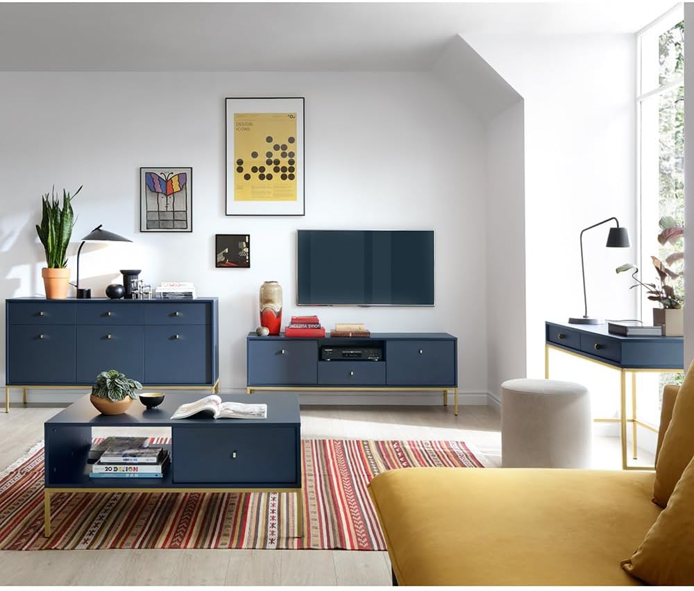 Lomadox Wohnzimmermöbel Wohnwand blau Fußgestell goldfarben 4-teilig, 1 Sideboard, 1 Lowboard, 1 Sekretär, 1 Couchtisch