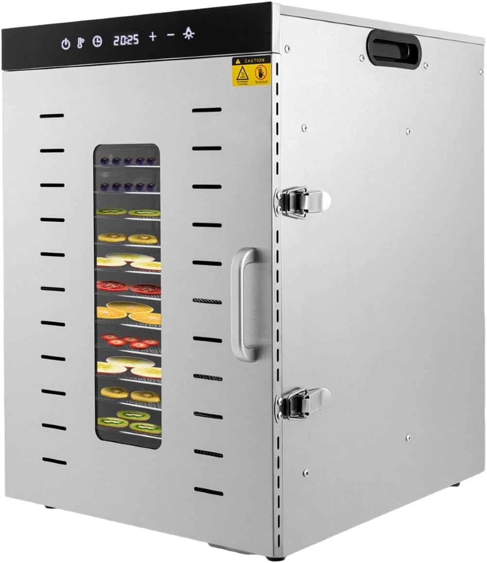 Dörrautomat Edelstahl 1500W, Obst Trockner mit Edelstahl Tabletts, 16-Lagen Dörrgerät, Obsttrockner mit 30-90°C & 24h Timer