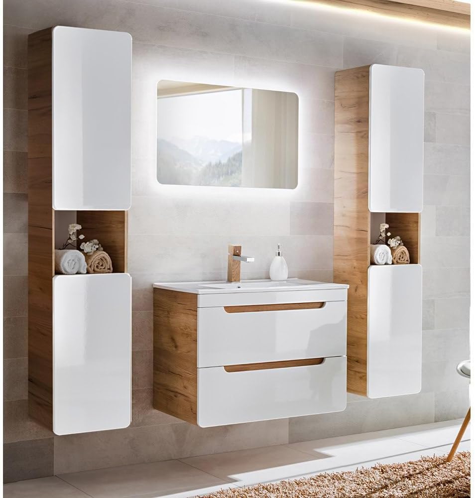 Lomadox Badmöbel Set, 50 cm LED-Spiegel, 80 cm Waschtisch-Unterschrank mit Keramik-Waschbecken, Hochglanz weiß mit Wotan Eiche Nb.
