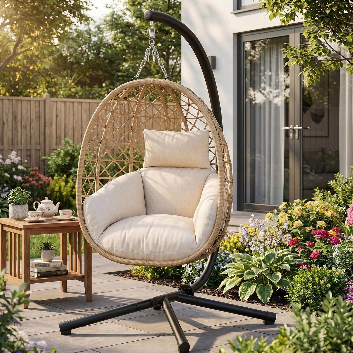 UDPATIO Hängesessel Outdoor mit Gestell, Relaxschaukel mit 18cm Dicke Kissen, Hängestuhl bis 160kg, Schaukel Sessel Garten, Indoor Hängeschaukel