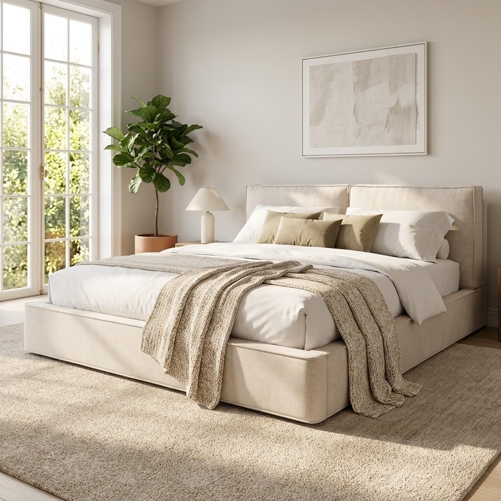 Merax Polsterbett 180x200 cm mit hydraulischem Stauraum, Beige (ohne Matratze), Doppelbett mit Lattenrost und Kopfteil, Chenille-Stoff