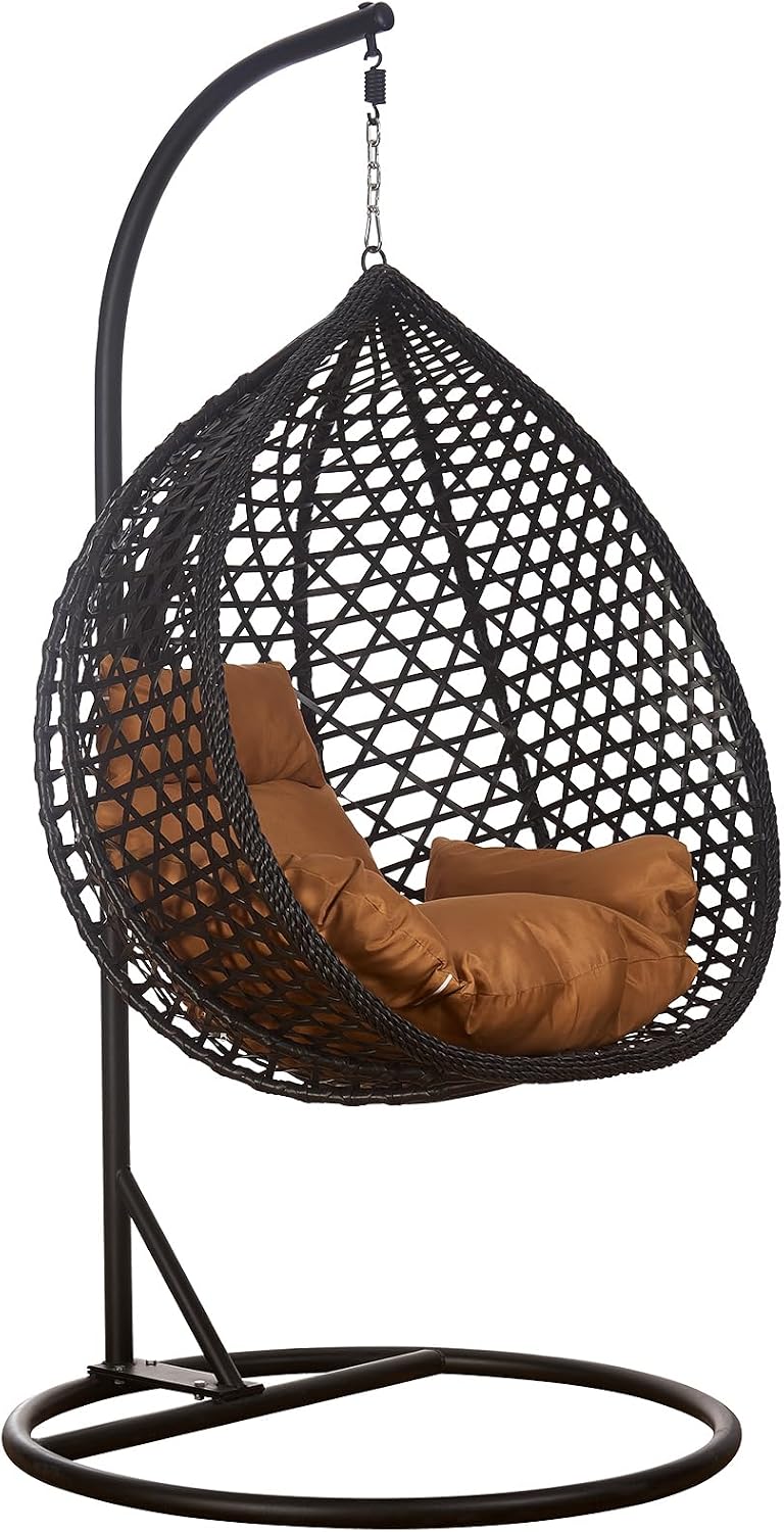 Luxus Hängesessel Style XXL Rattan Korb Gestell Schwarz mit Relaxkissen Braun