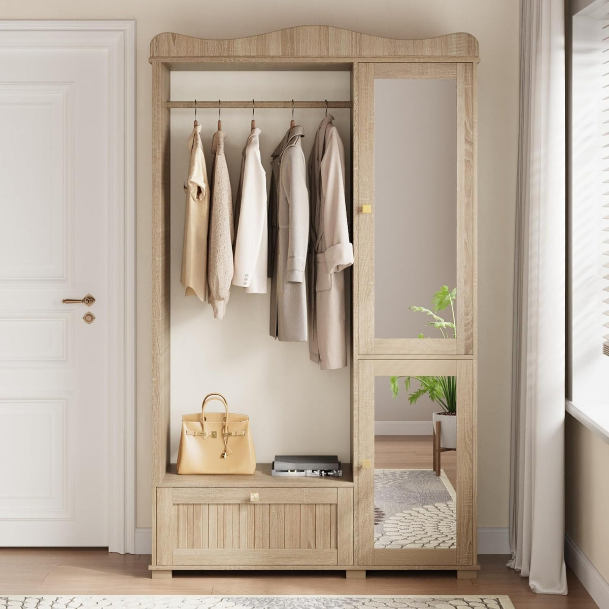 Moimhear Garderobenschrank mit Spiegel & Offener Kleiderständer, 115.5x38.5x194.5cm, mit Schublade & 2 Türen, Kompaktgarderobe