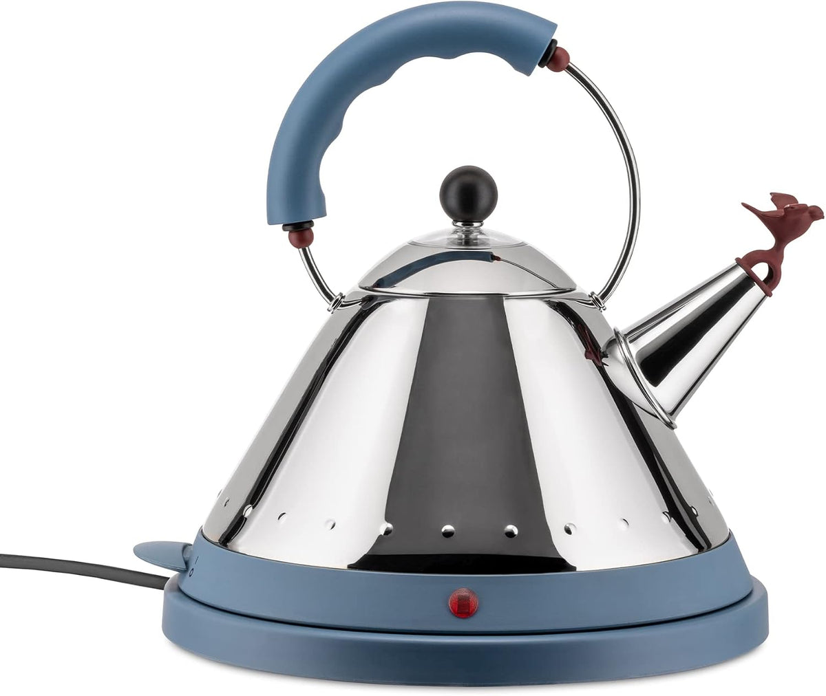 Alessi Elektrischer, kabelfreier Wasserkocher aus Edelstahl mit Griff und Aufsatz aus PA, hellblau