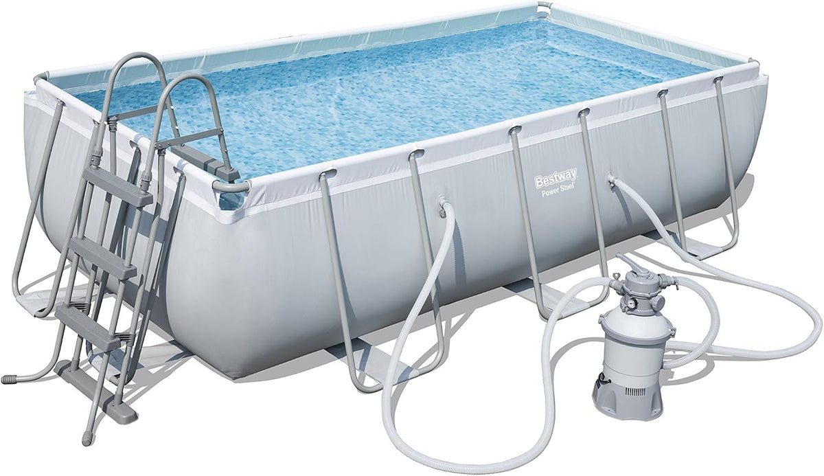 Bestway Frame Pool Power Steel, 404 x 201 x 100 cm, rechteckig mit Sandfilterpumpe, Set, hellgrau, grau