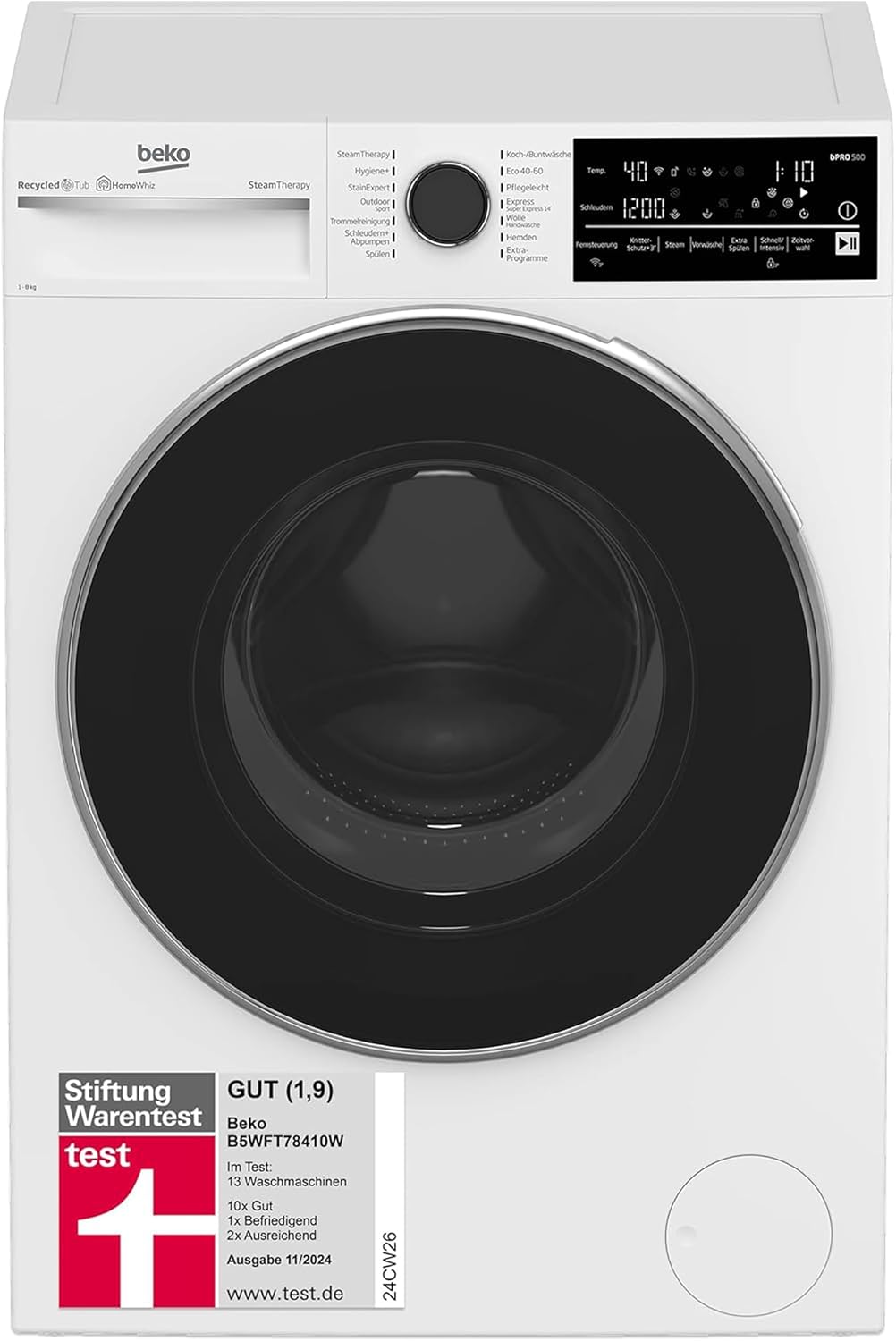 Beko Waschmaschine 8kg, B5WFT78410W, 1400 U/min, Stiftung Warentest GUT (1,9)*, SteamCure Dampffunktion, AquaWave Schontrommel, StainExpert Programm