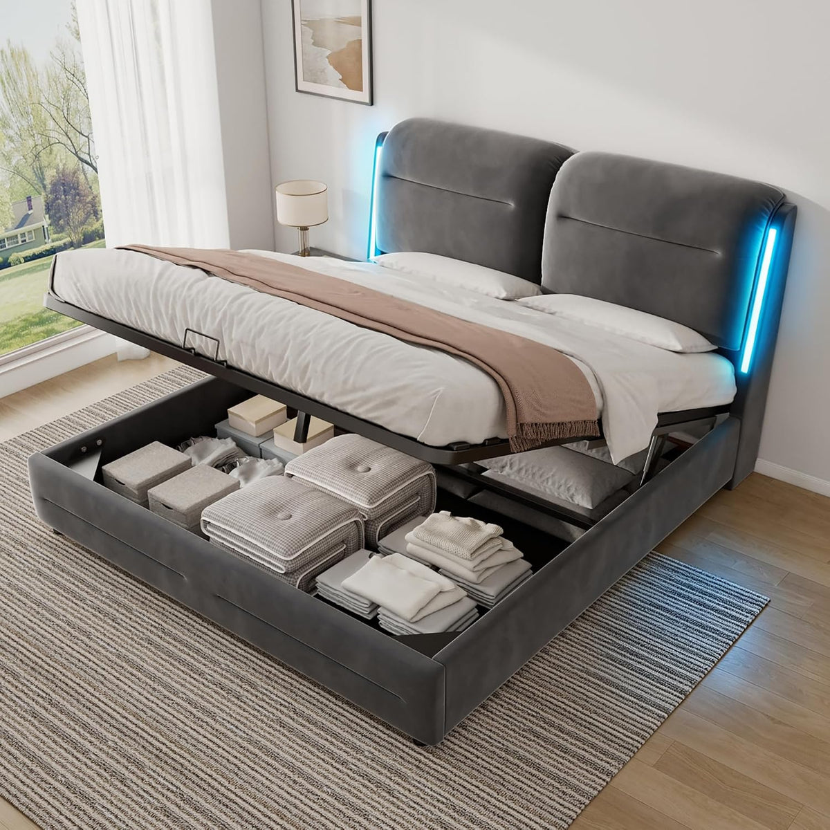 Rtopsu Polsterbett Doppelbett 180x200 cm mit LED, Ohne Matratze, Bett mit Stauraum und Kopfteil, Samt, Grau