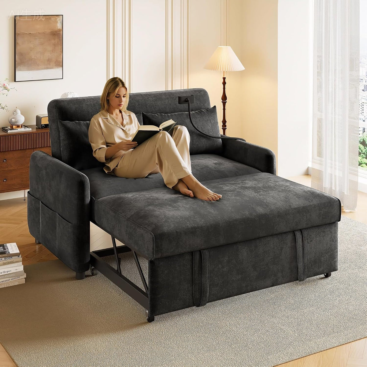 Modernes Doppel-Klappsofa mit Schlaffunktion, für Wohnzimmer, Verstellbarer Rückenlehne, Handyhalter & USB, Schlafzimmer, Heimkino