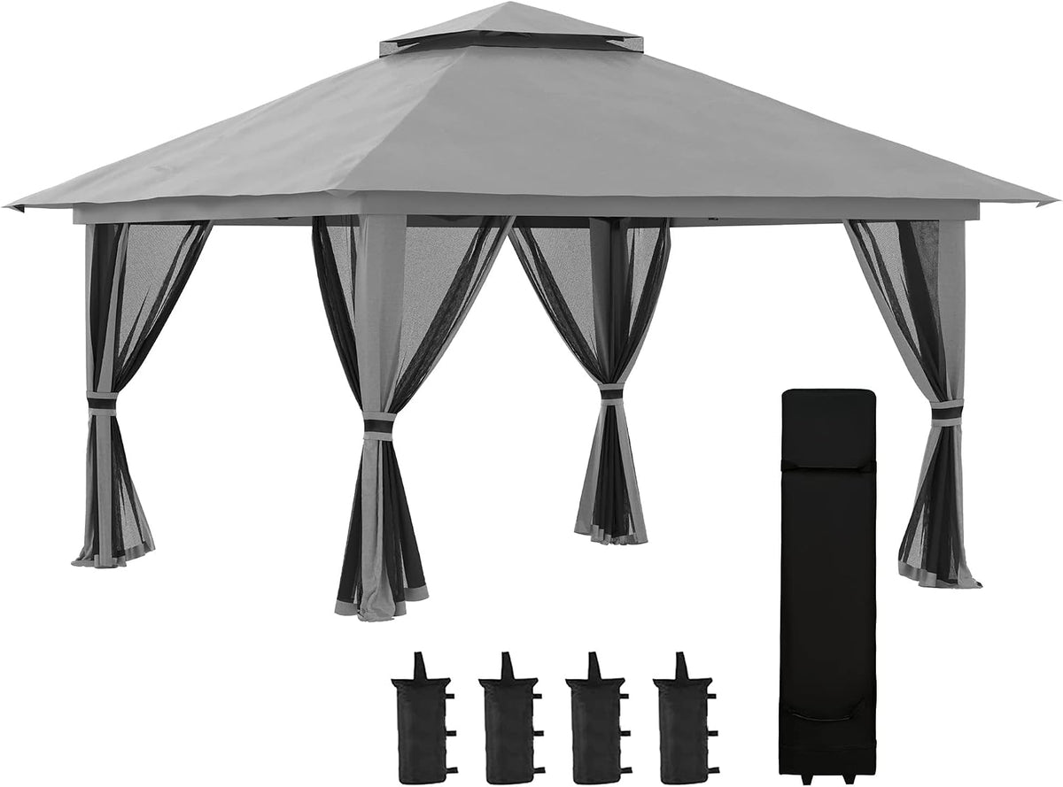 Outsunny Pavillon 4x4m Stabil Winterfest Pop-up Gartenpavillon mit Doppeldach, Dunkelgrau