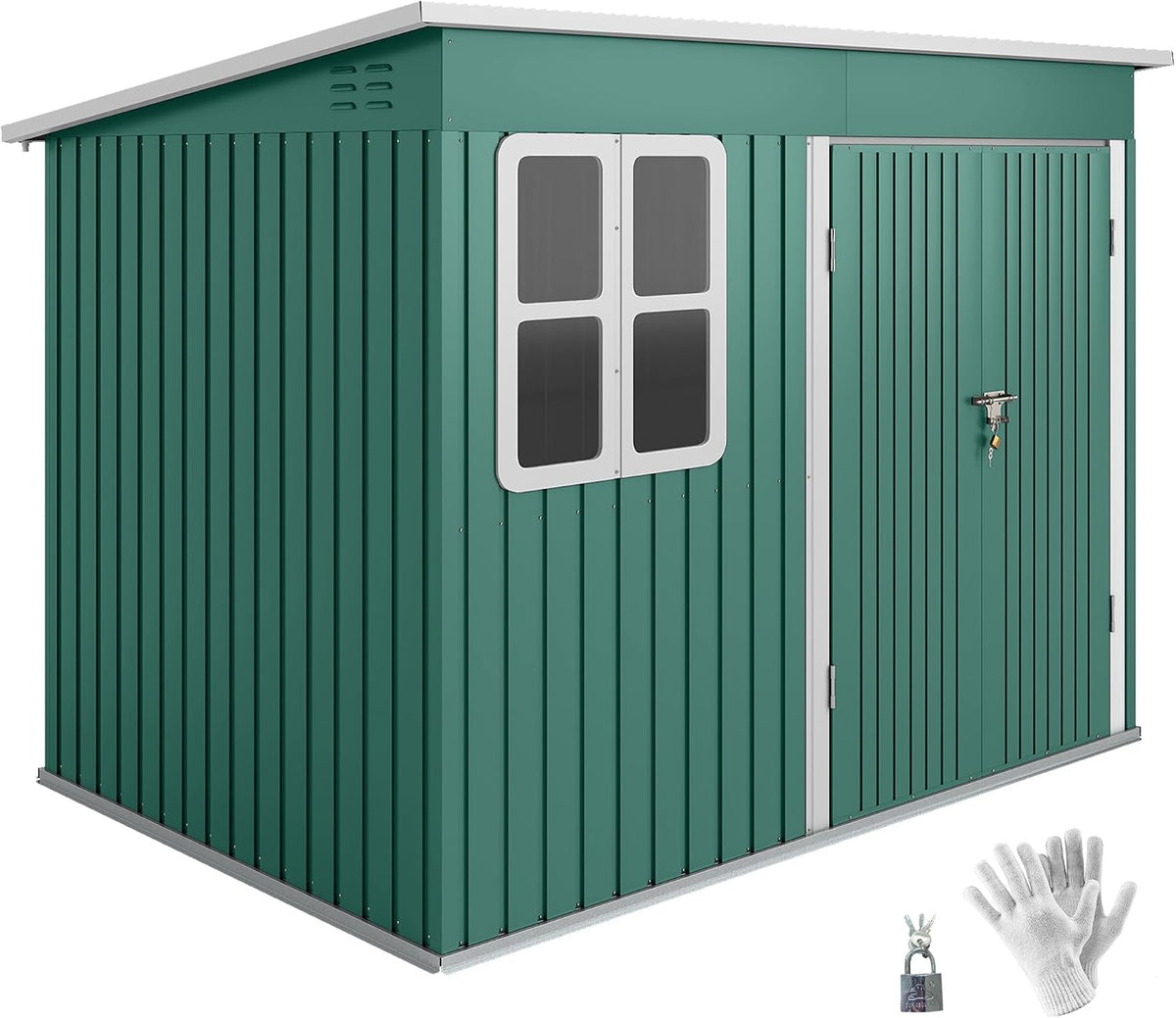 Outsunny Metall Gerätehaus 4,13 m² Geräteschuppen mit Fenster Pultdach Lüftungsöffnungen Abschließbarer Breiter Tür Bodenrahmen 260 x 177 x 190 cm