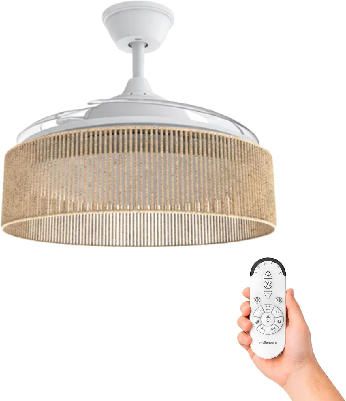 Mellerware, Deckenventilator mit Licht und Lampe Brizy Bright Rattan Sand